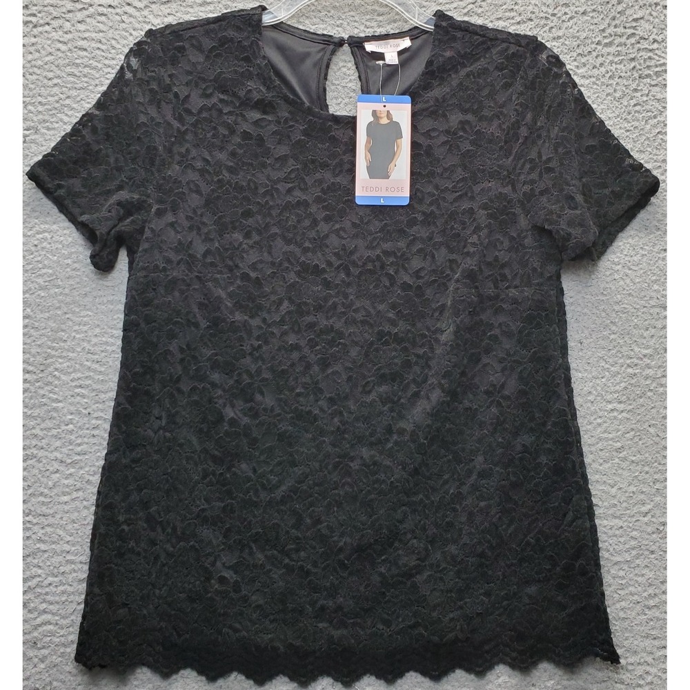 Teddi Rose Scallop Top Womens L Black Floral Lace Overlay Stretch Short Sleeve